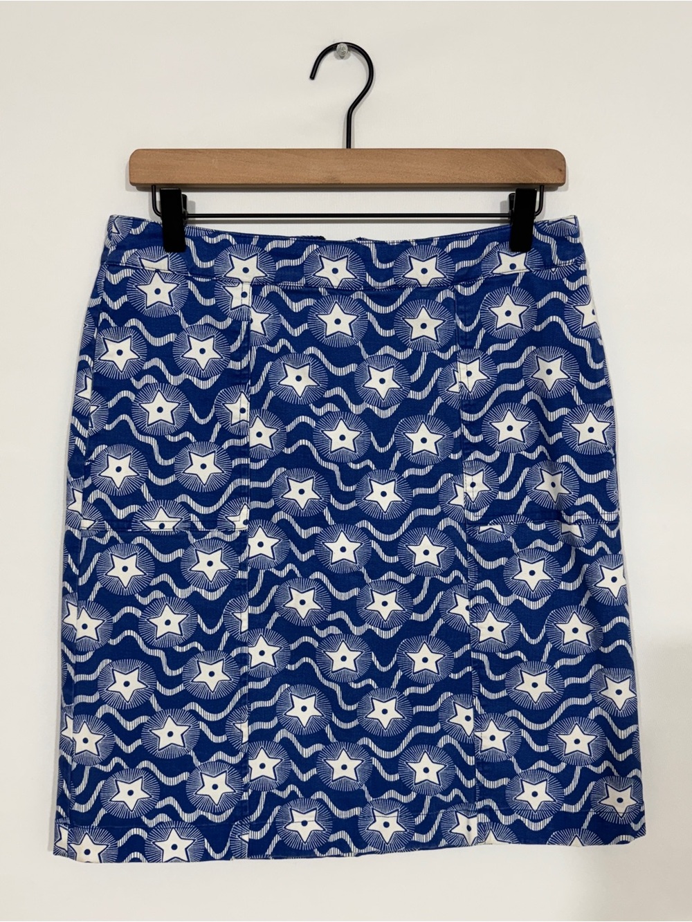 WSK21 {Boden} Long Blue White Stars Print Cotton Pencil Knee Length Midi Skirt